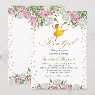 Gold Ballerina Its a Girl Floral Baby Shower Invitation