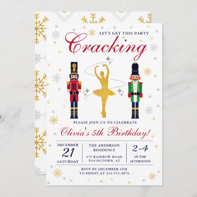Gold Ballerina Nutcracker Christmas Birthday Invitation (Front/Back)