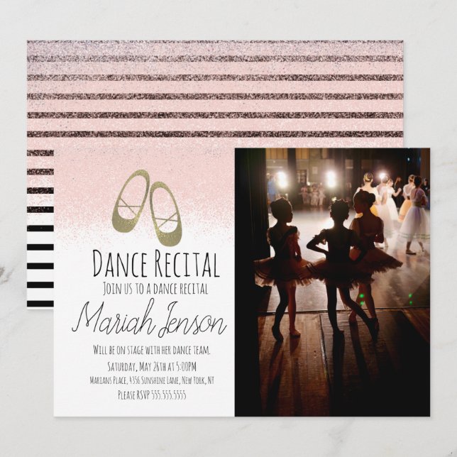 Gold Ballerina Shoes Glitter Stripes Dance Recital Invitation (Front/Back)