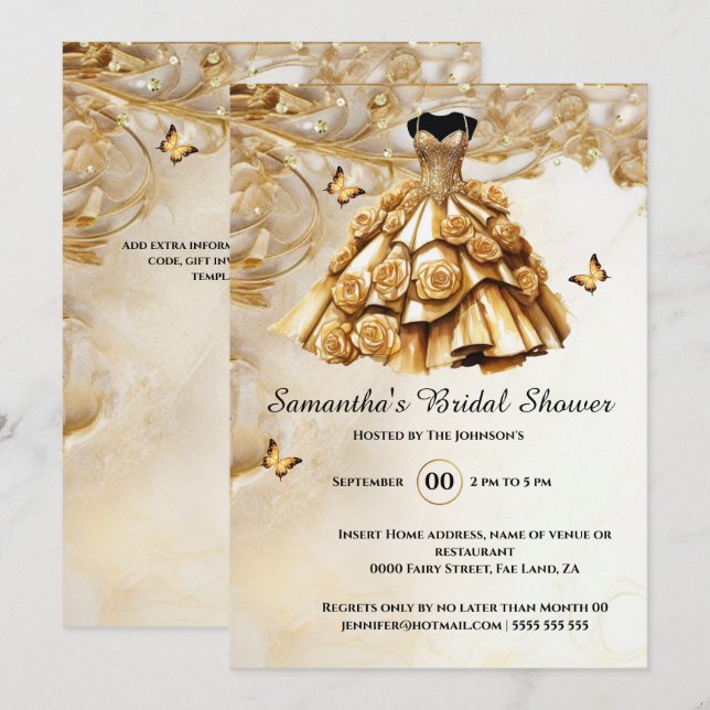 Gold ballgown rose flowers bride to be bridal  invitation (Front/Back)