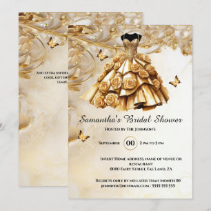 Gold ballgown rose flowers bride to be bridal invitation