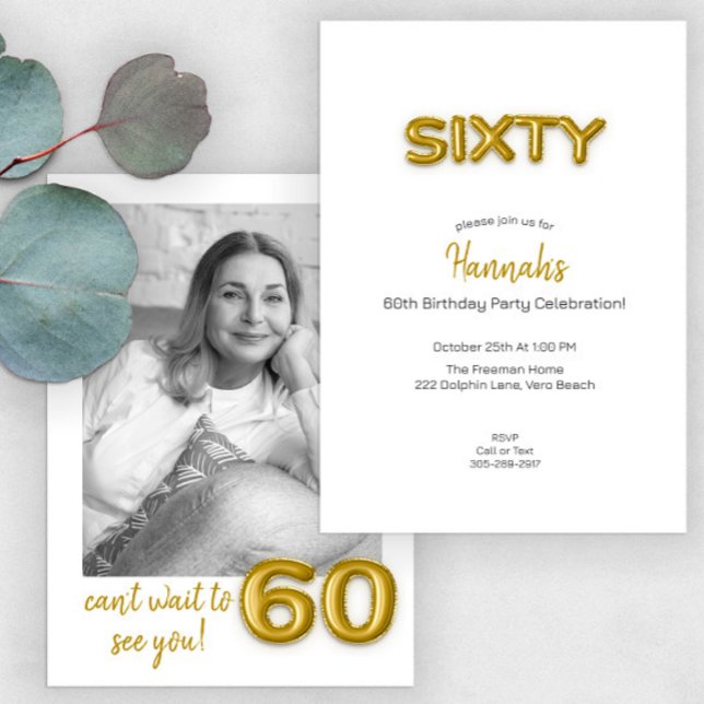 Gold Balloon 60th Birthday Photo Invite (Creator Uploaded)