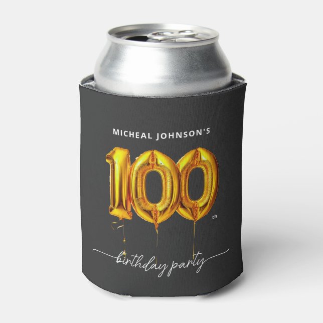 Gold Balloon Black 100th Birthday Party  Can Cooler (Can Front)