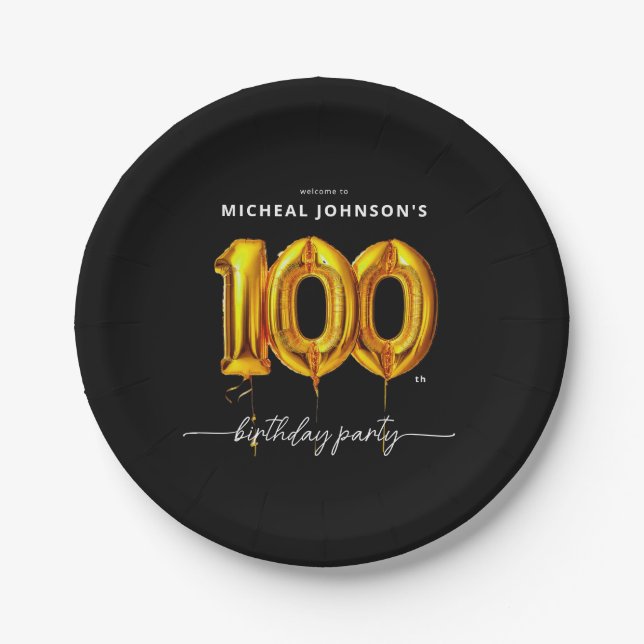 Gold Balloon Black 100th Birthday Party Paper Plate (Front)