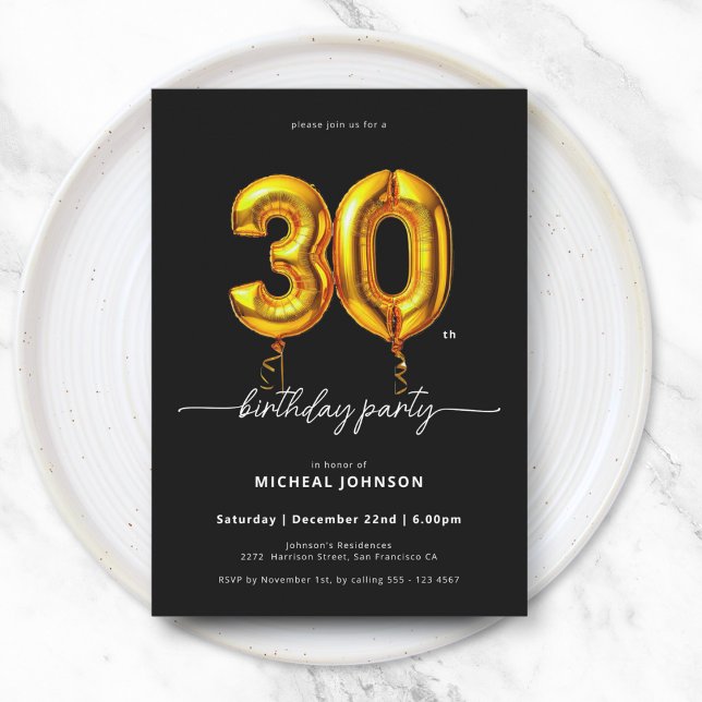 Gold Balloon Black 30th Birthday Invitation (Gold Balloon Black 30th Birthday Invitation)