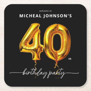 Gold Balloon Black 40th Birthday Party Square Paper Coaster