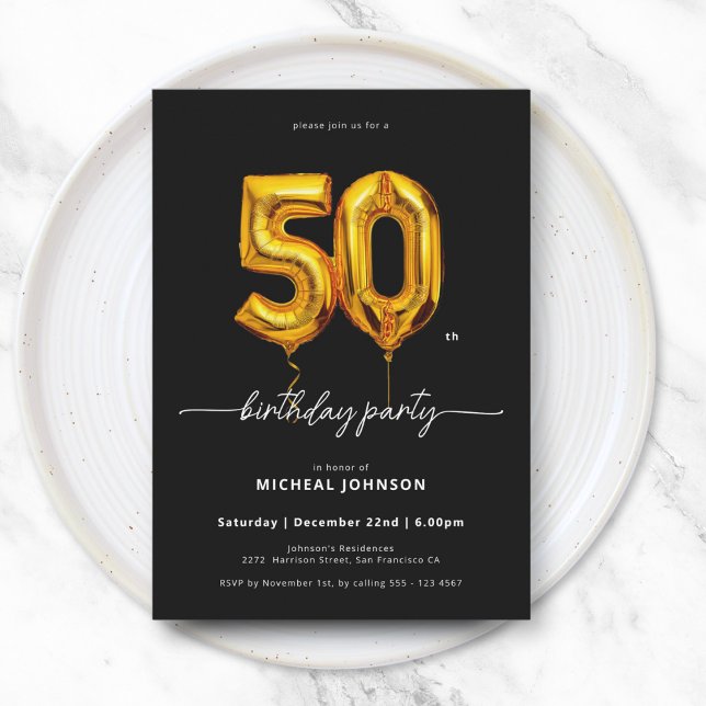 Gold Balloon Black 50th Birthday Invitation (Gold Balloon Black 50th Birthday Invitation)