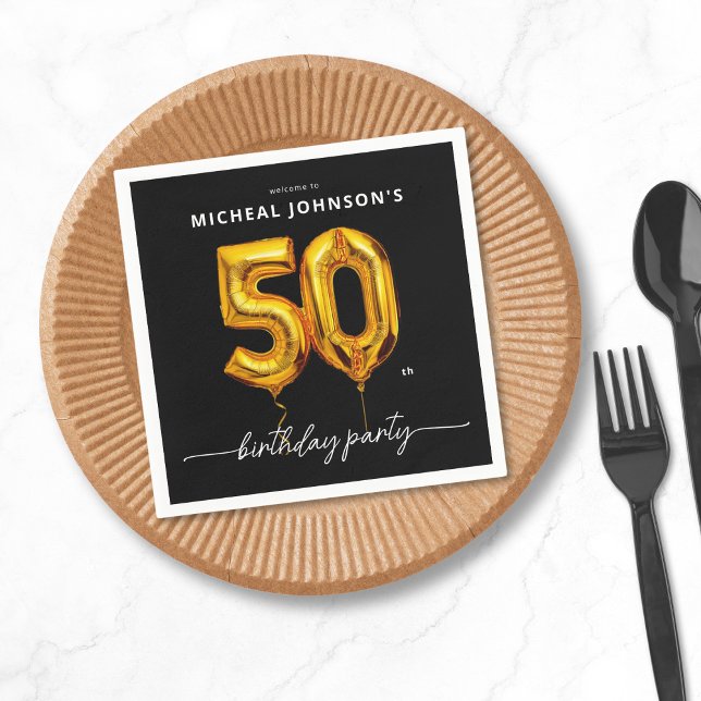Gold Balloon Black 50th Birthday Party Napkin (Gold Balloon Black 50th Birthday Party Napkins)