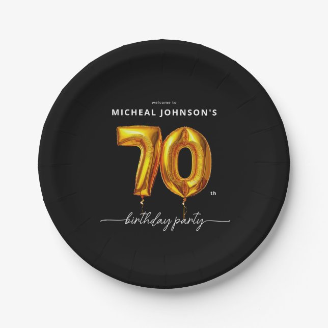 Gold Balloon Black 70th Birthday Party Paper Plate (Front)