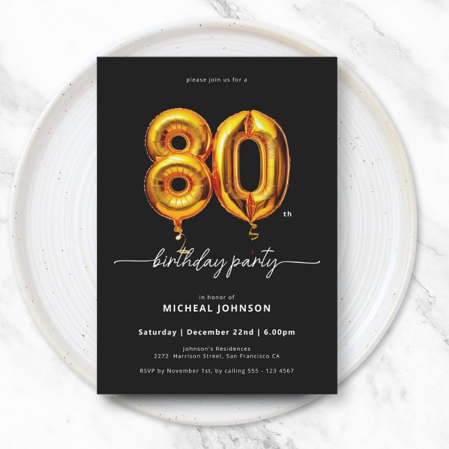Gold Balloon Black 80th Birthday Invitation (Gold Balloon Black 80th Birthday Invitation)