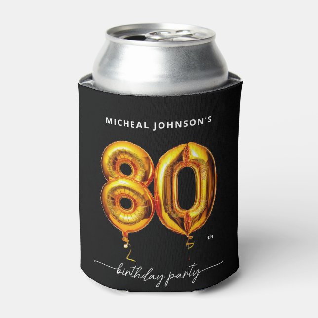 Gold Balloon Black 80th Birthday Party Can Cooler (Can Front)