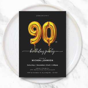 Gold Balloon Black 90th Birthday Invitation