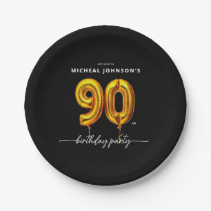Gold Balloon Black 90th Birthday Party Paper Plate