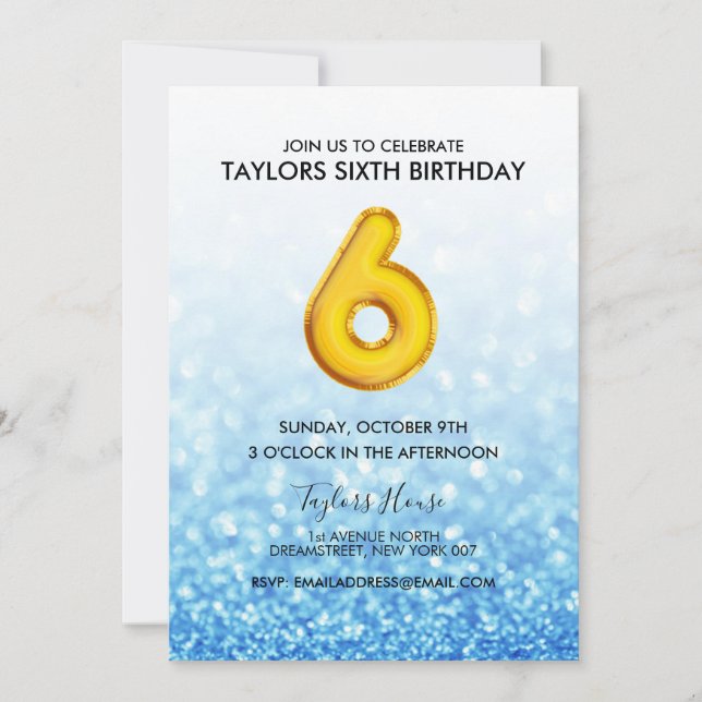 Gold Balloon Blue Glitter 6th Birthday Party Invitation (Front)