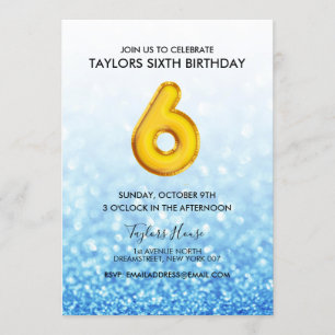 Gold Balloon Blue Glitter 6th Birthday Party Invitation