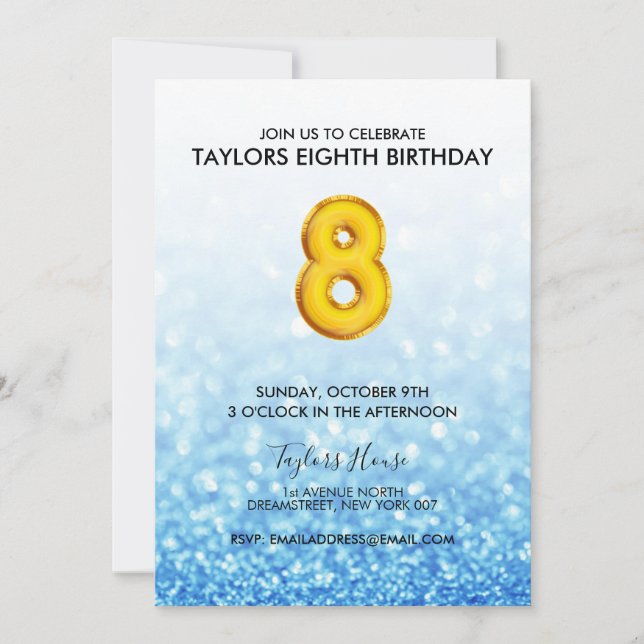 Gold Balloon Blue Glitter 8th Birthday Party Invitation (Front)
