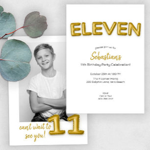 Gold Balloon Eleventh Birthday Photo Invite