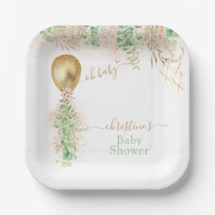 Gold Balloon Eucalyptus Glitter Baby Shower Paper Plate