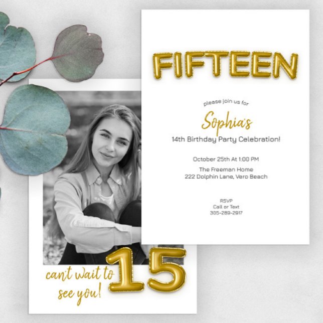 Gold Balloon Fifteenth Birthday Photo Invite (Creator Uploaded)