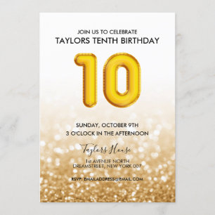 Gold Balloon Glitter 10th Birthday Party Invitation