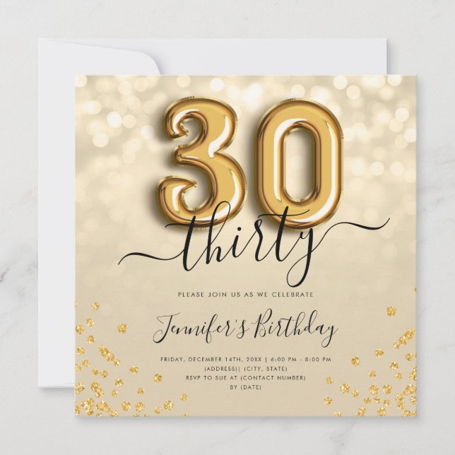 Gold Balloon Glitter 30th Birthday Party Invite (Front)