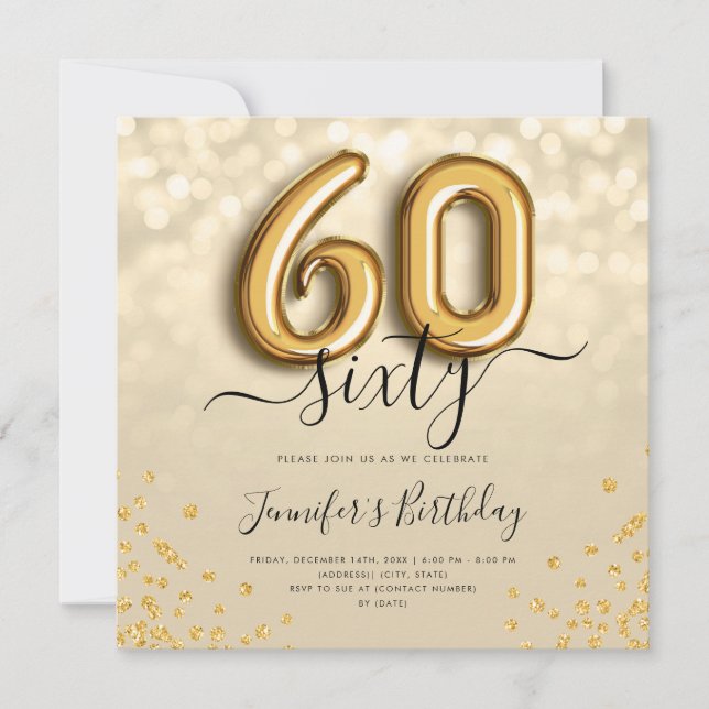 Gold Balloon Glitter 60th Birthday Party Invite (Front)