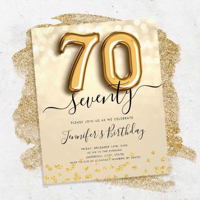Gold Balloon Glitter 70th Birthday Party Invite Flyer (Creator Uploaded)