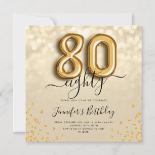 Gold Balloon Glitter 80th Birthday Party Invite