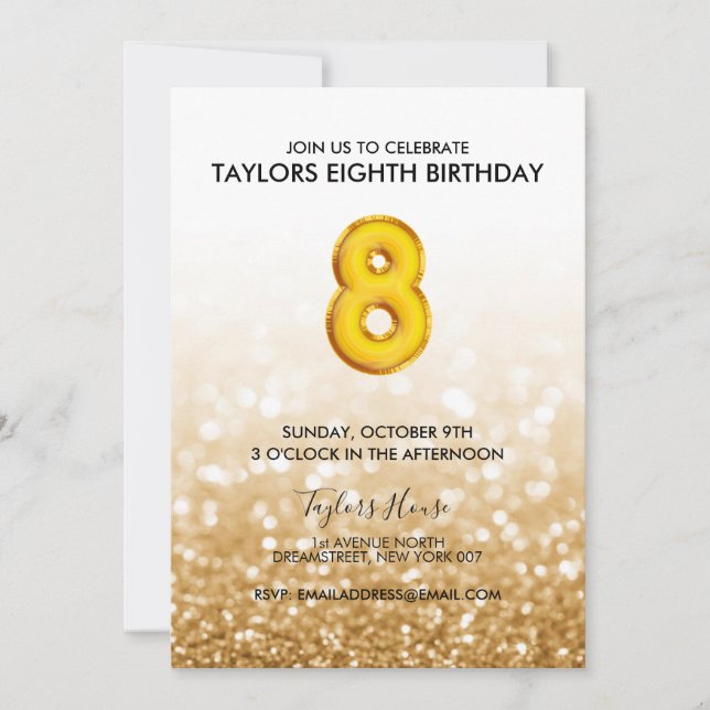 Gold Balloon Glitter 8th Birthday Party Invitation (Front)