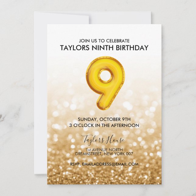 Gold Balloon Glitter 9th Birthday Party Invitation (Front)