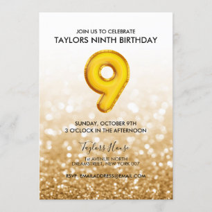 Gold Balloon Glitter 9th Birthday Party Invitation
