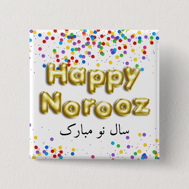 Gold Balloon Happy Norooz Persian New Year 15 Cm Square Badge (Front)