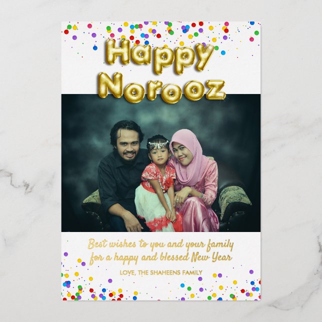 Gold Balloon Happy Norooz Persian New Year Foil Holiday Card (Front)