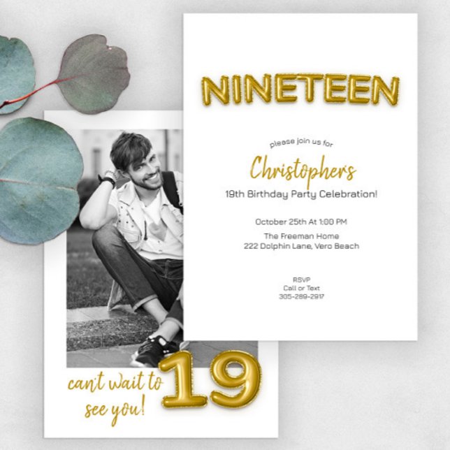 Gold Balloon Nineteenth Birthday Photo Invite (Creator Uploaded)