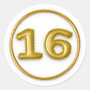Gold Balloon Number 16 Typography Classic Round Sticker