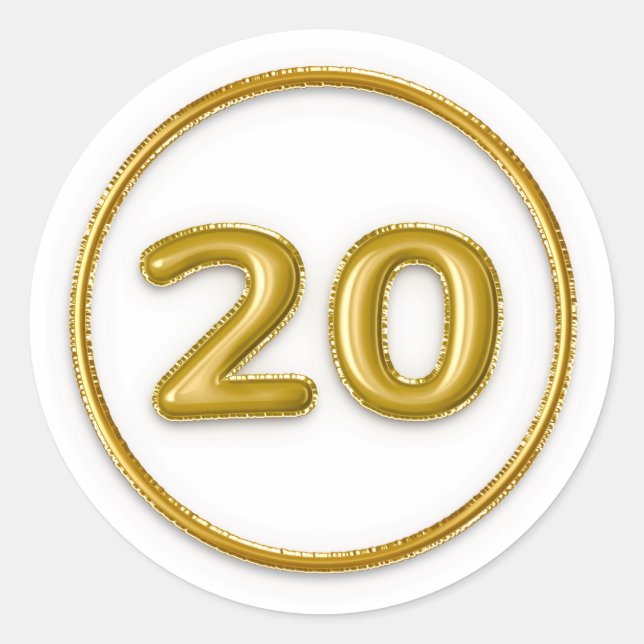 Gold Balloon Number 20 Round Sticker (Front)