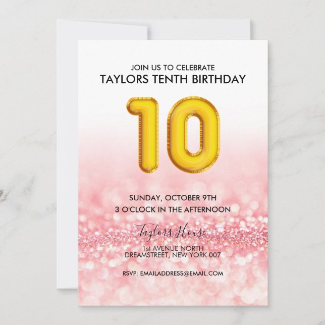 Gold Balloon Pink Glitter 10th Birthday Party Invitation (Front)