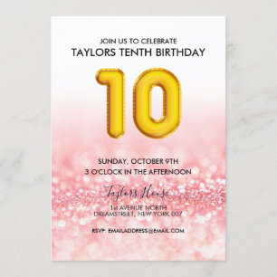 Gold Balloon Pink Glitter 10th Birthday Party Invitation