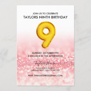 Gold Balloon Pink Glitter 9th Birthday Party Invitation