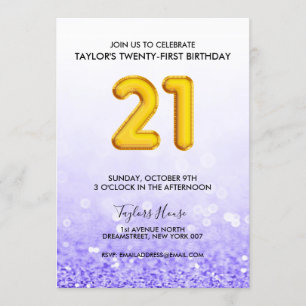 Gold Balloon Purple Glitter 21 Birthday Party Invitation