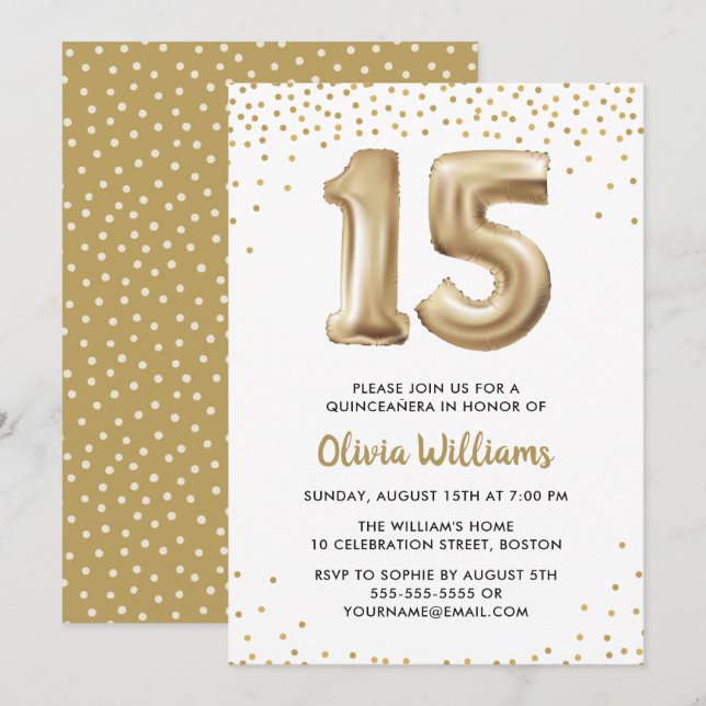 Gold Balloon | Quinceanera 15th Birthday Party Invitation (Front/Back)