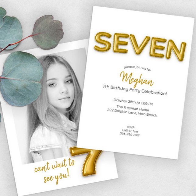 Gold Balloon Seventh Birthday Photo Invite (Creator Uploaded)