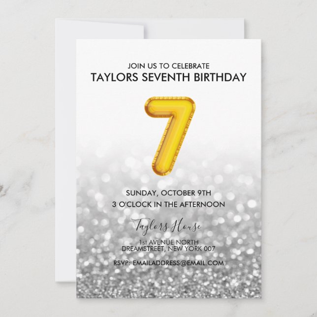Gold Balloon Silver Glitter 7th Birthday Party Invitation (Front)