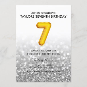 Gold Balloon Silver Glitter 7th Birthday Party Invitation