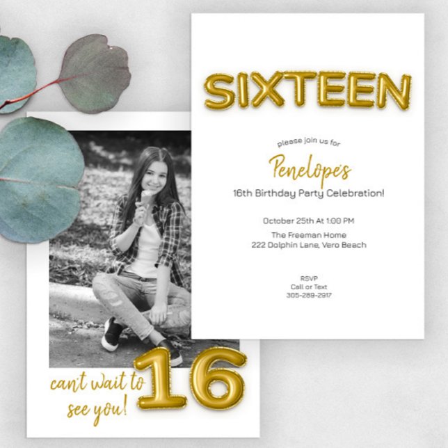 Gold Balloon Sweet 16 Birthday Photo Invite (Creator Uploaded)