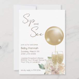 Gold Balloon with Champagne & Flowers Sip and See Invitation