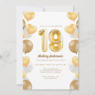 Gold Balloons 19th Birthday Party Invitation