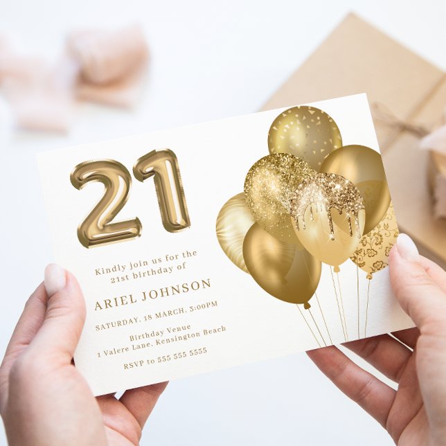 Gold Balloons 21st Birthday Party Invitation (Creator Uploaded)