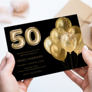 Gold Balloons 50th Birthday Party Black Invitation