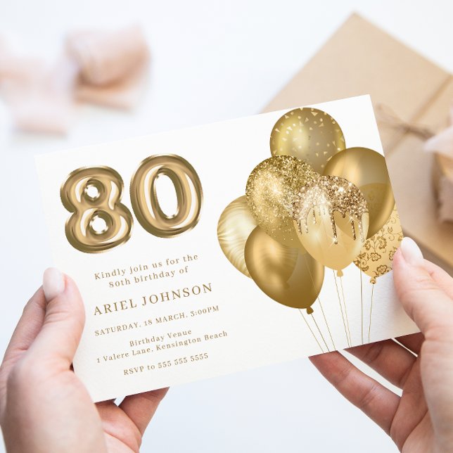Gold Balloons 80th Birthday Party Invitation (Creator Uploaded)